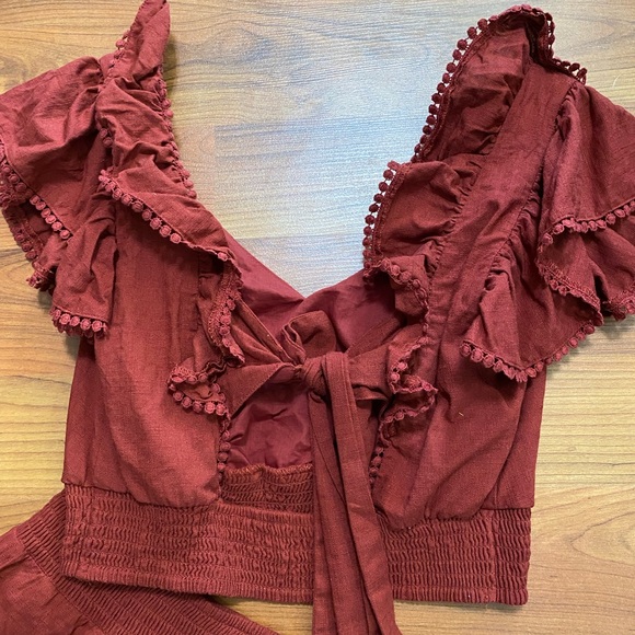 EXPRESS dark red linen blend crop top and pull on skirt 2 piece set outfit Small - Picture 7 of 11